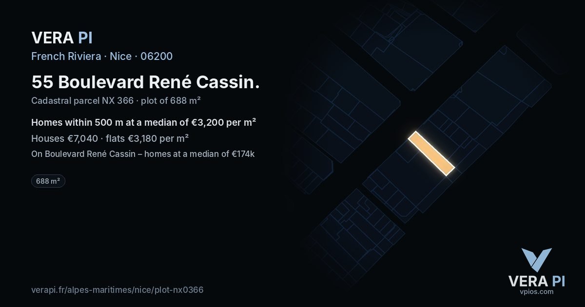 55 Boulevard René Cassin, Nice at night – the plot lit, the parcels around coloured by the prices near them