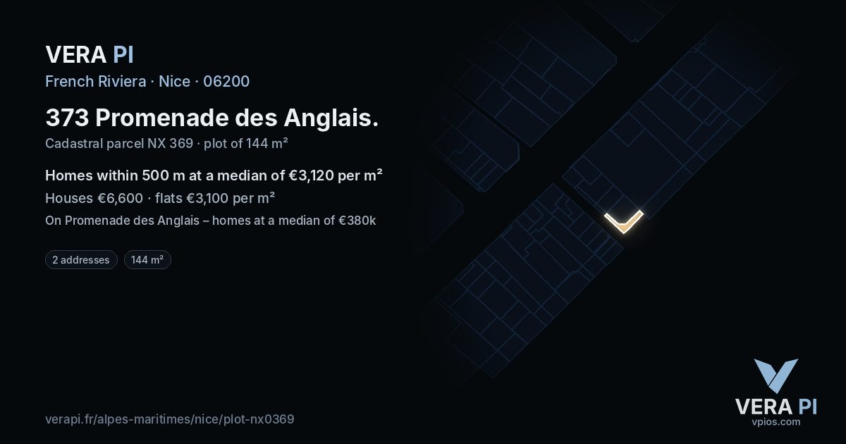 373 Promenade des Anglais, Nice at night – the plot lit, the parcels around coloured by the prices near them
