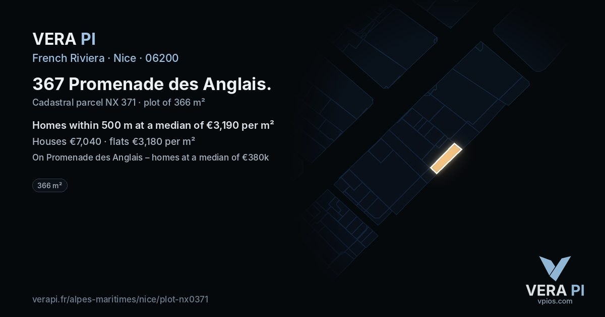367 Promenade des Anglais, Nice at night – the plot lit, the parcels around coloured by the prices near them