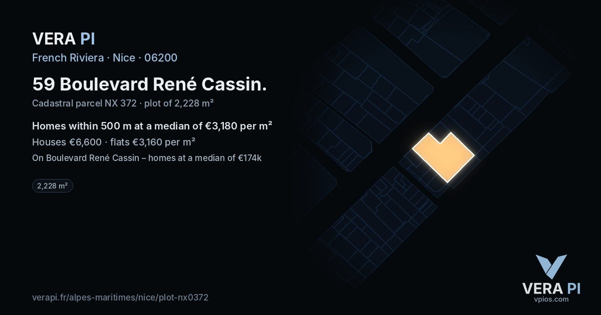 59 Boulevard René Cassin, Nice at night – the plot lit, the parcels around coloured by the prices near them
