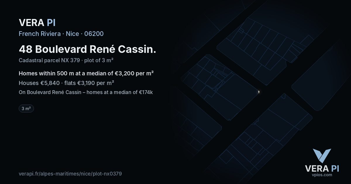 48 Boulevard René Cassin, Nice at night – the plot lit, the parcels around coloured by the prices near them