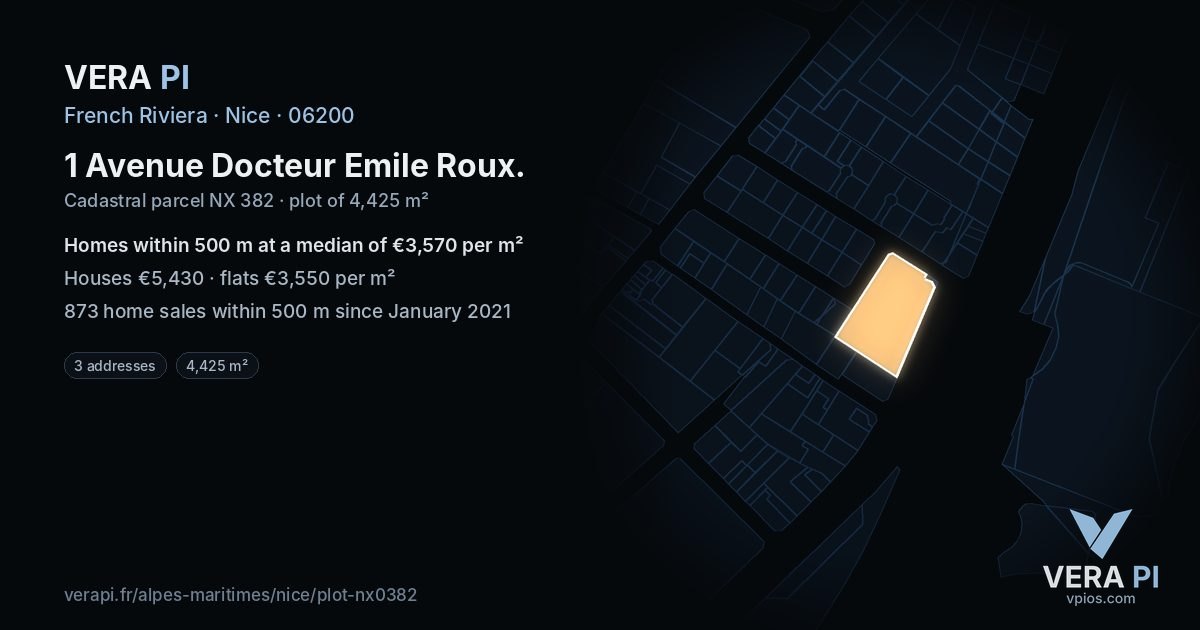 1 Avenue Docteur Emile Roux, Nice at night – the plot lit, the parcels around coloured by the prices near them