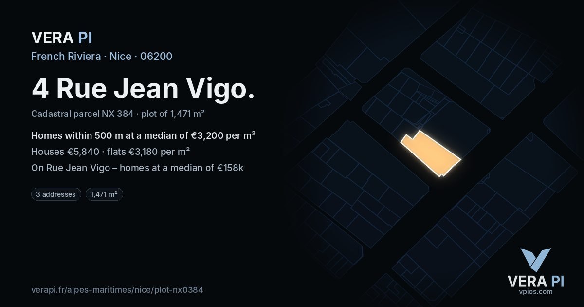 4 Rue Jean Vigo, Nice at night – the plot lit, the parcels around coloured by the prices near them