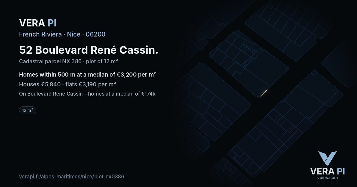52 Boulevard René Cassin, Nice at night – the plot lit, the parcels around coloured by the prices near them