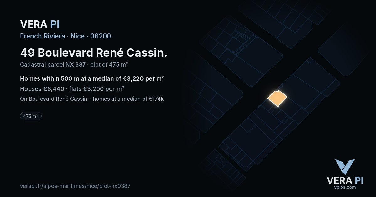 49 Boulevard René Cassin, Nice at night – the plot lit, the parcels around coloured by the prices near them