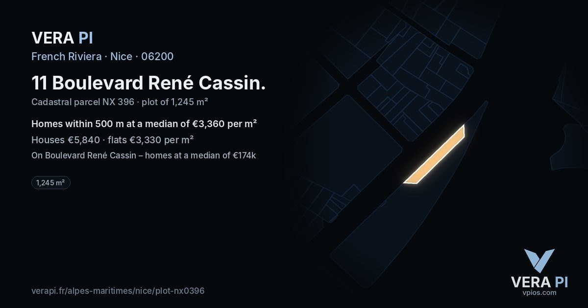 11 Boulevard René Cassin, Nice at night – the plot lit, the parcels around coloured by the prices near them