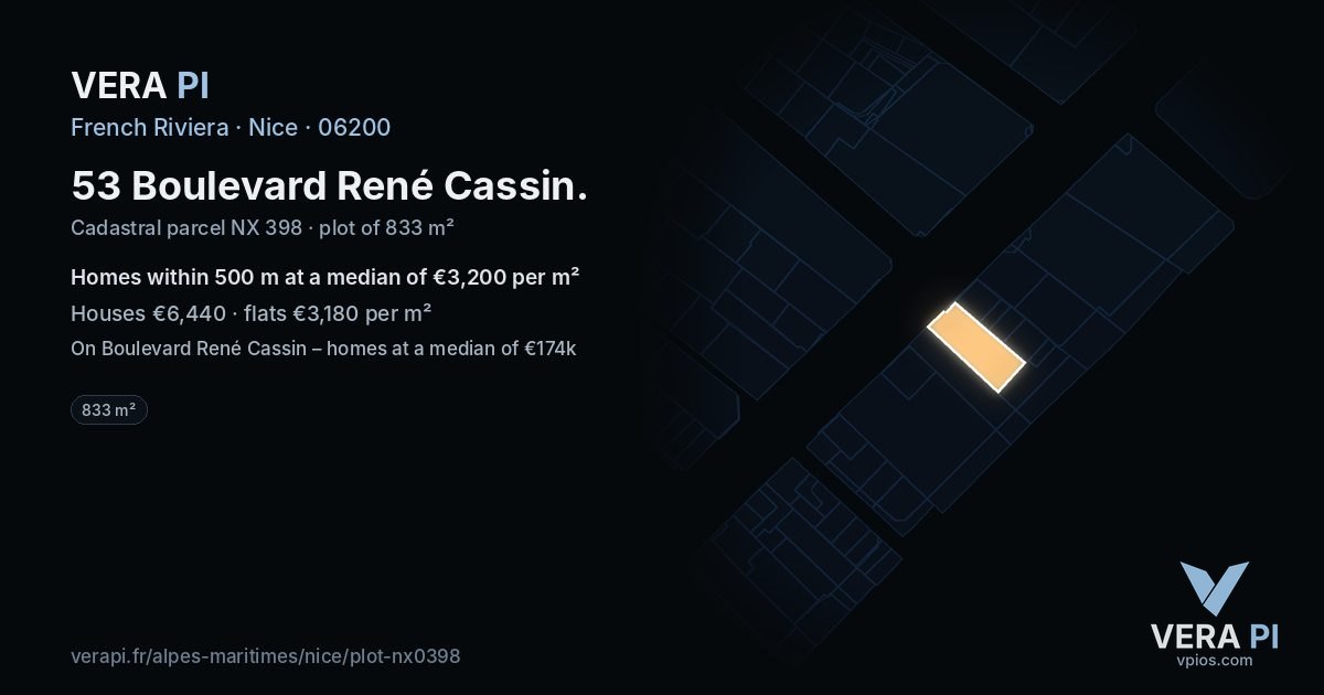 53 Boulevard René Cassin, Nice at night – the plot lit, the parcels around coloured by the prices near them