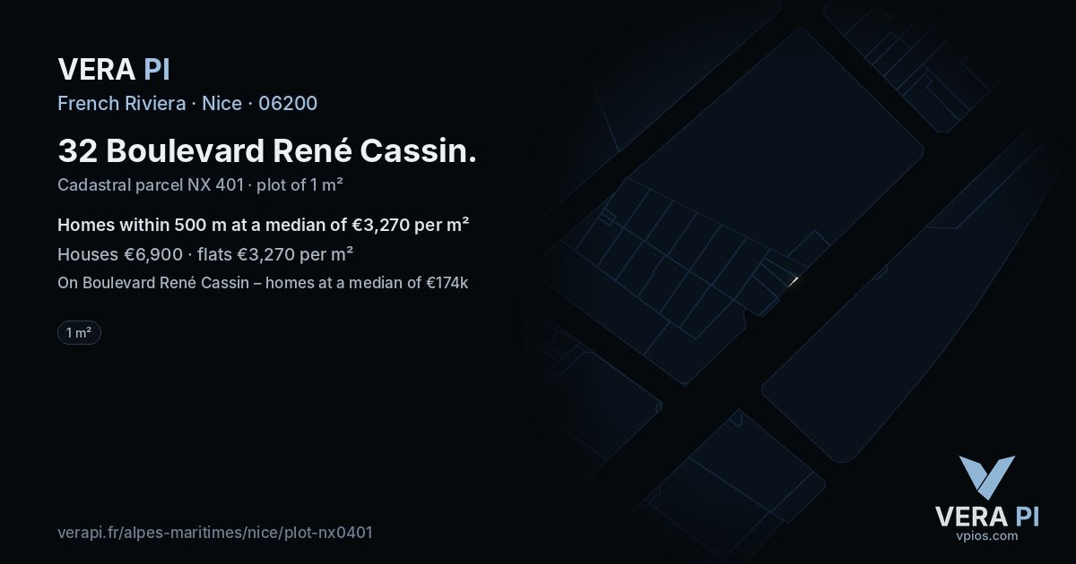 32 Boulevard René Cassin, Nice at night – the plot lit, the parcels around coloured by the prices near them