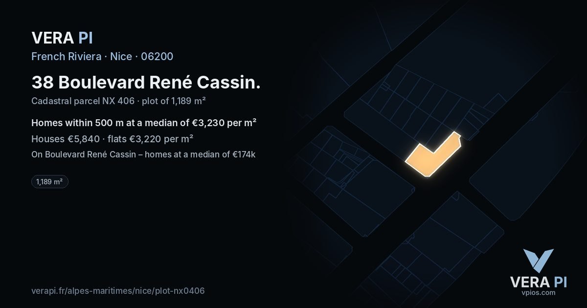 38 Boulevard René Cassin, Nice at night – the plot lit, the parcels around coloured by the prices near them