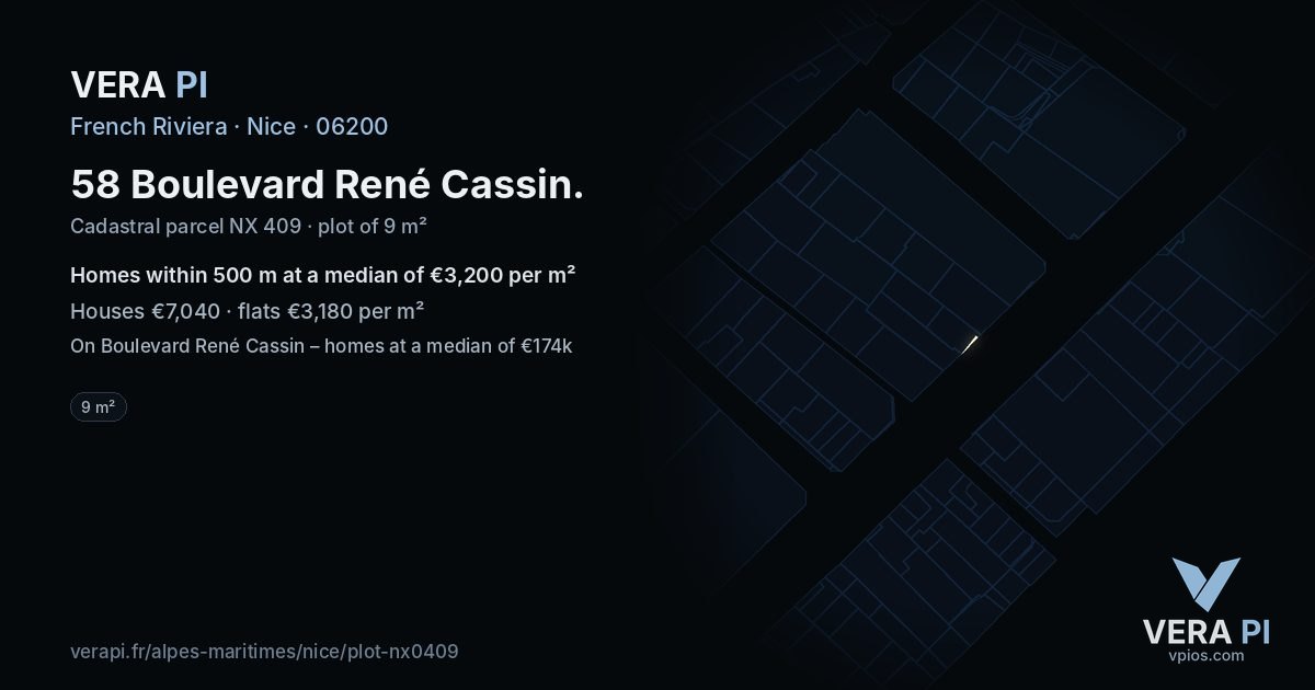 58 Boulevard René Cassin, Nice at night – the plot lit, the parcels around coloured by the prices near them