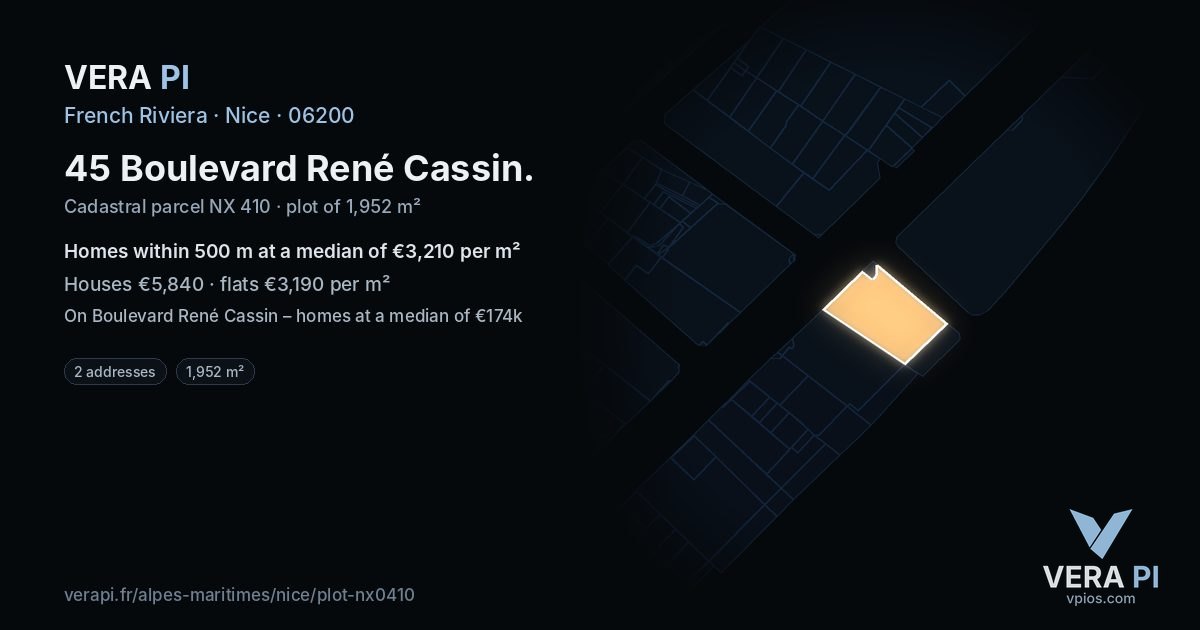 45 Boulevard René Cassin, Nice at night – the plot lit, the parcels around coloured by the prices near them