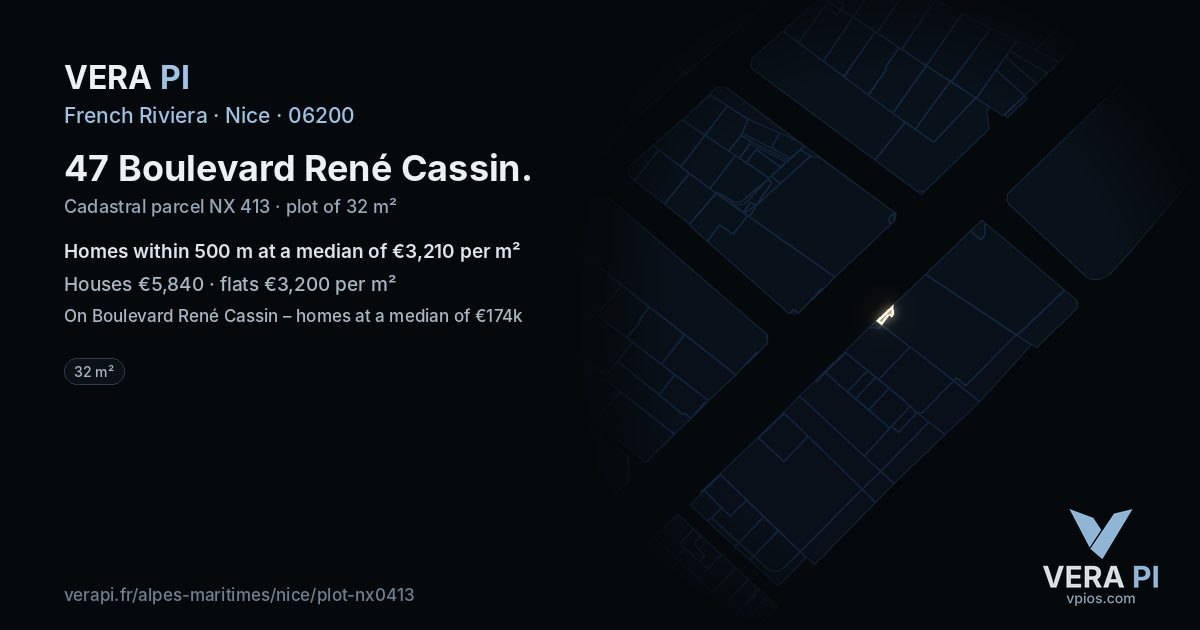 47 Boulevard René Cassin, Nice at night – the plot lit, the parcels around coloured by the prices near them