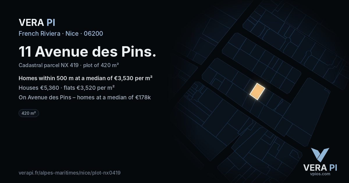 11 Avenue des Pins, Nice at night – the plot lit, the parcels around coloured by the prices near them