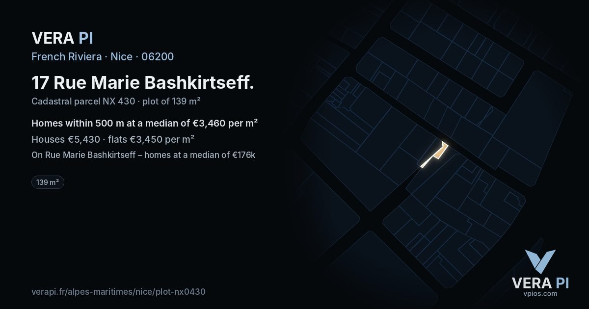 17 Rue Marie Bashkirtseff, Nice at night – the plot lit, the parcels around coloured by the prices near them