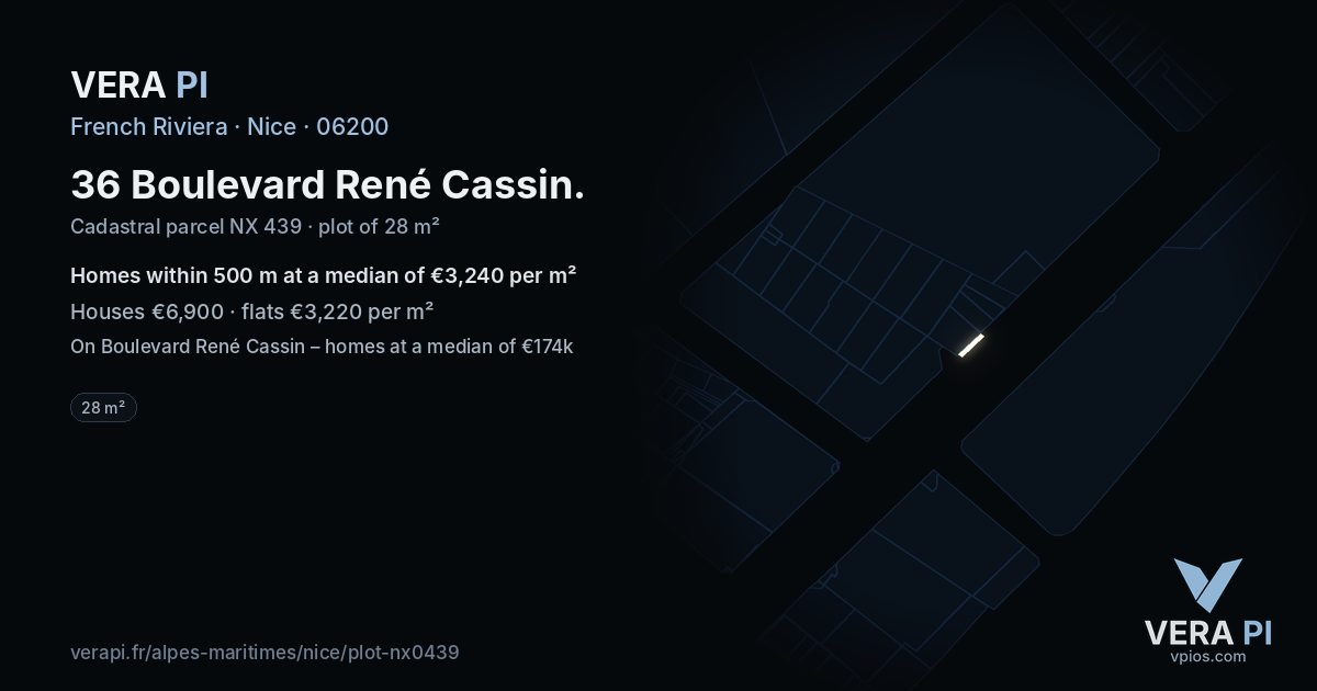 36 Boulevard René Cassin, Nice at night – the plot lit, the parcels around coloured by the prices near them