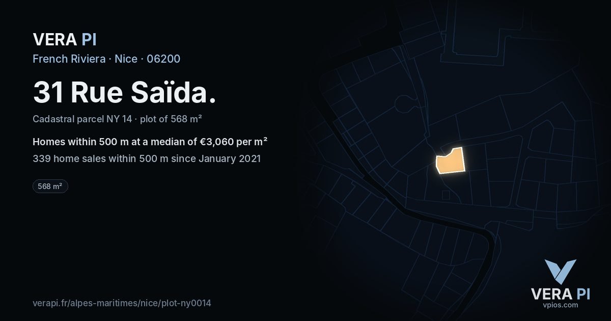 31 Rue Saïda, Nice at night – the plot lit, the parcels around coloured by the prices near them