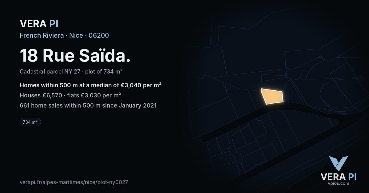 18 Rue Saïda, Nice at night – the plot lit, the parcels around coloured by the prices near them