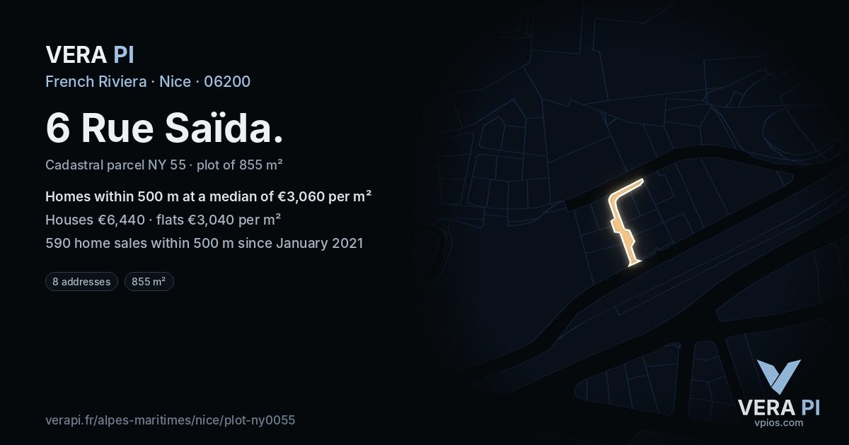 6 Rue Saïda, Nice at night – the plot lit, the parcels around coloured by the prices near them