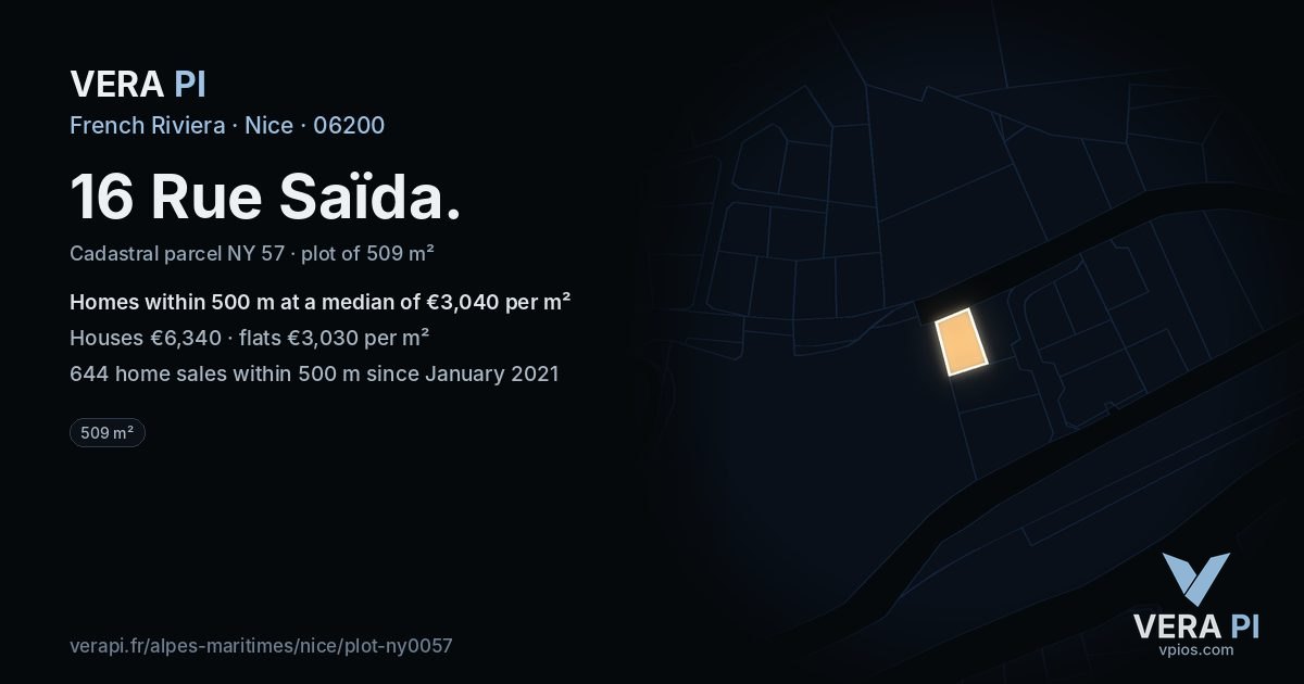 16 Rue Saïda, Nice at night – the plot lit, the parcels around coloured by the prices near them