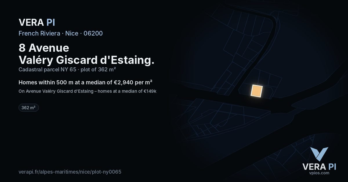 8 Avenue Valéry Giscard d'Estaing, Nice at night – the plot lit, the parcels around coloured by the prices near them