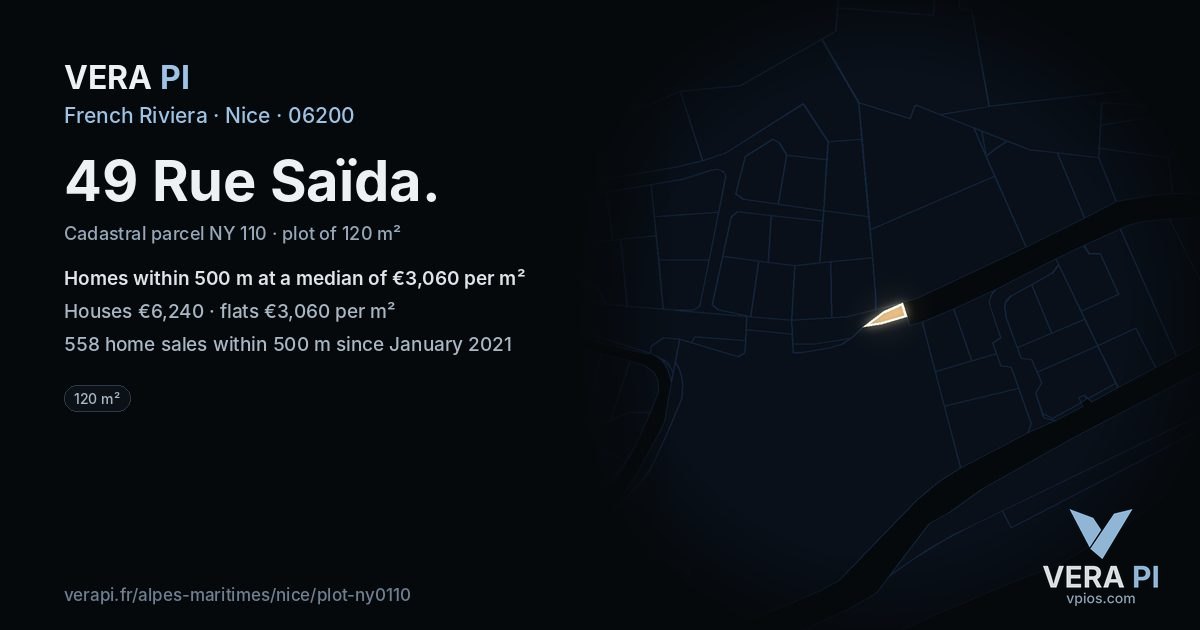 49 Rue Saïda, Nice at night – the plot lit, the parcels around coloured by the prices near them