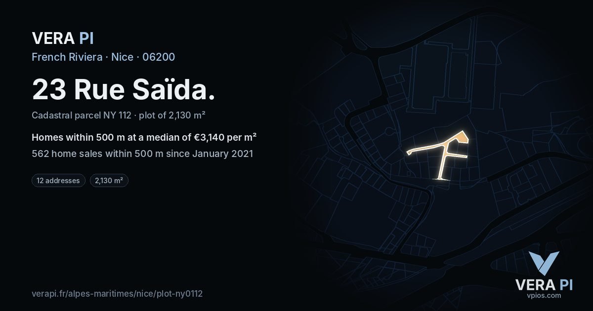23 Rue Saïda, Nice at night – the plot lit, the parcels around coloured by the prices near them