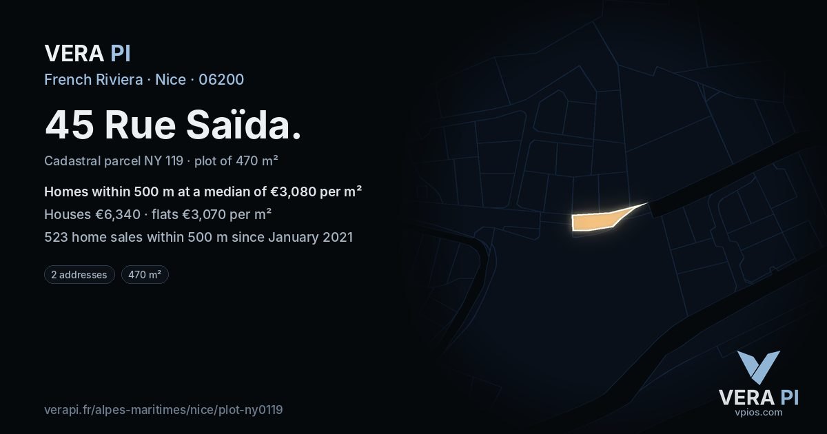 45 Rue Saïda, Nice at night – the plot lit, the parcels around coloured by the prices near them