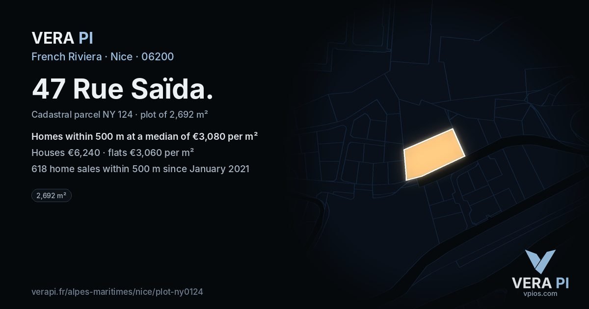 47 Rue Saïda, Nice at night – the plot lit, the parcels around coloured by the prices near them