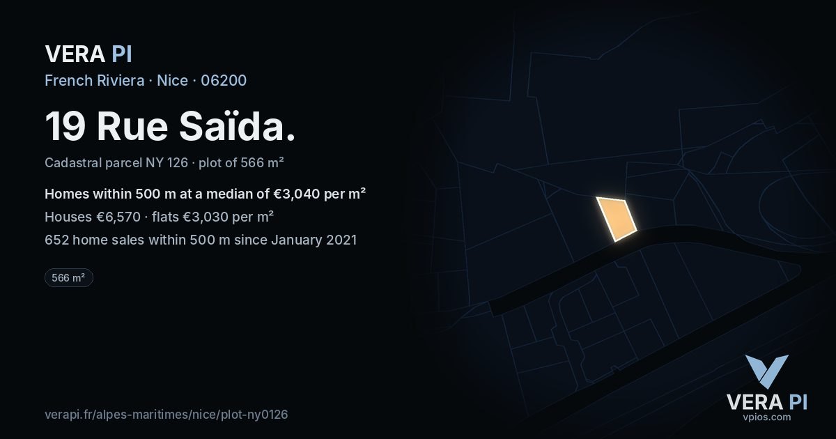 19 Rue Saïda, Nice at night – the plot lit, the parcels around coloured by the prices near them