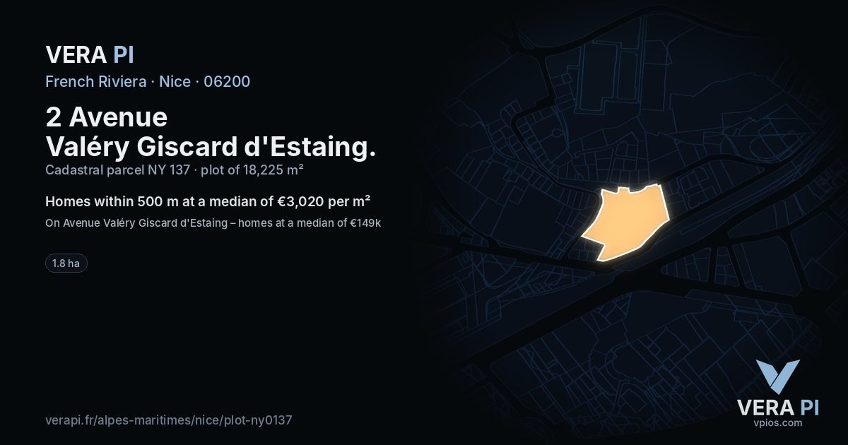 2 Avenue Valéry Giscard d'Estaing, Nice at night – the plot lit, the parcels around coloured by the prices near them