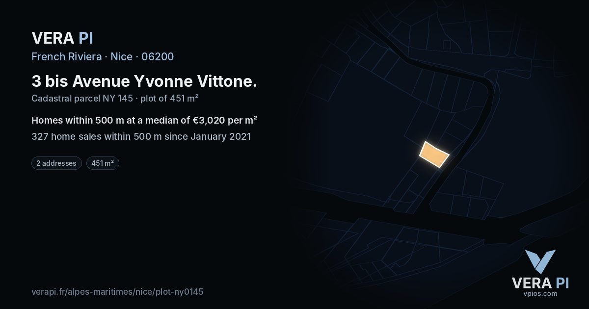 3 bis Avenue Yvonne Vittone, Nice at night – the plot lit, the parcels around coloured by the prices near them