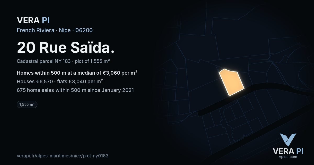 20 Rue Saïda, Nice at night – the plot lit, the parcels around coloured by the prices near them