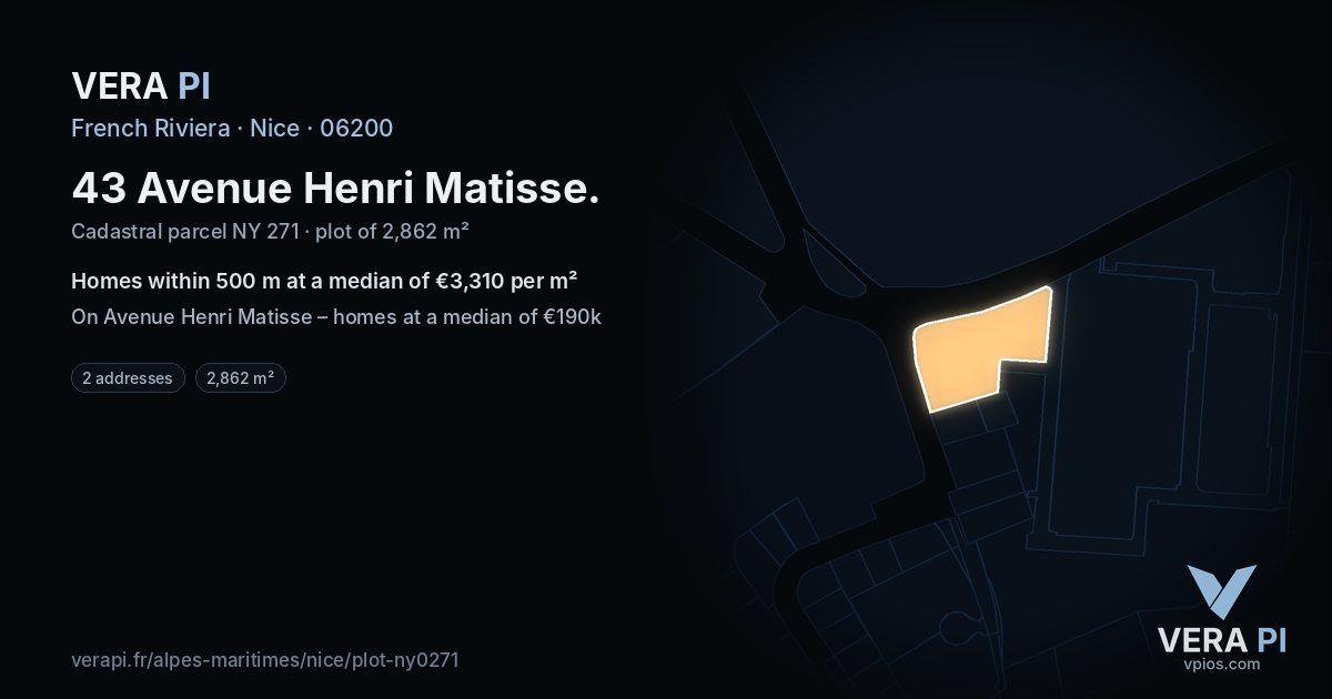 43 Avenue Henri Matisse, Nice at night – the plot lit, the parcels around coloured by the prices near them
