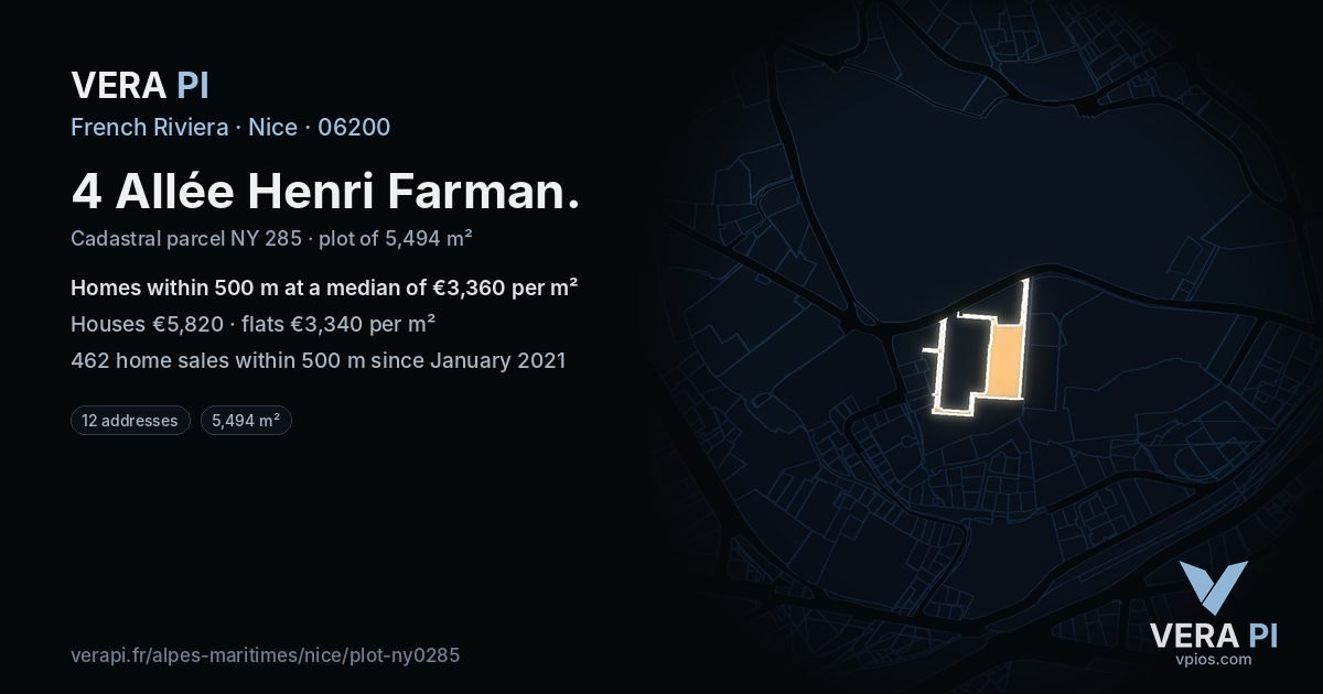 4 Allée Henri Farman, Nice at night – the plot lit, the parcels around coloured by the prices near them