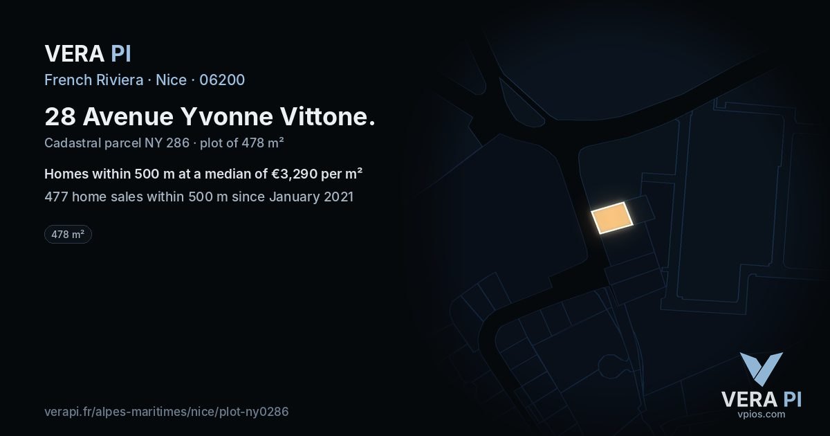 28 Avenue Yvonne Vittone, Nice at night – the plot lit, the parcels around coloured by the prices near them
