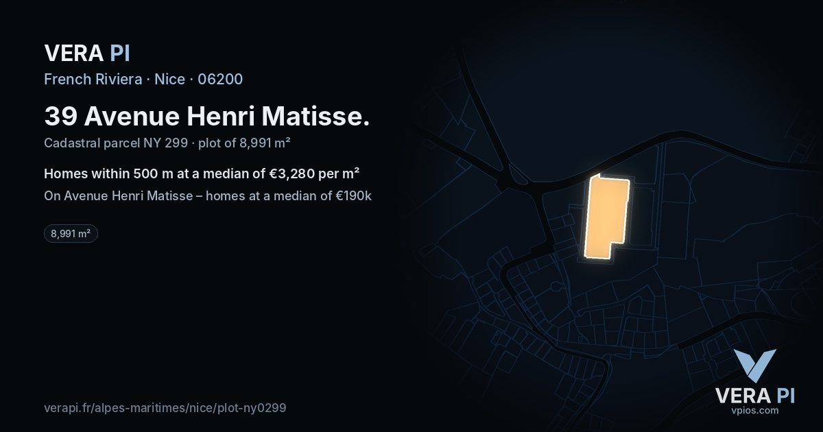 39 Avenue Henri Matisse, Nice at night – the plot lit, the parcels around coloured by the prices near them