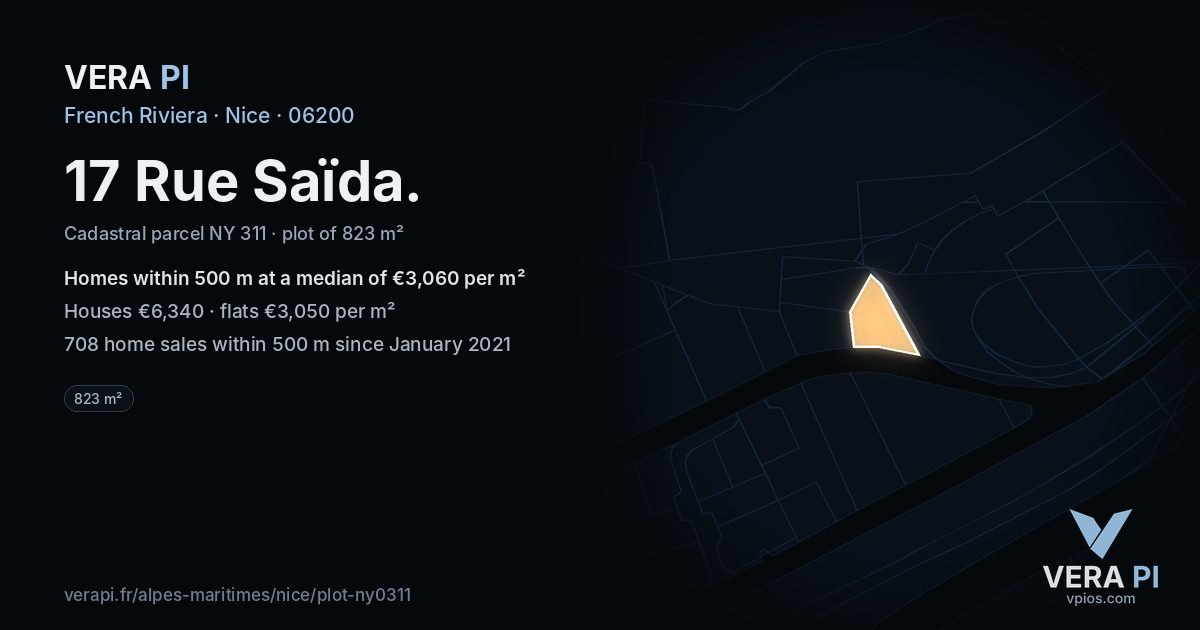 17 Rue Saïda, Nice at night – the plot lit, the parcels around coloured by the prices near them