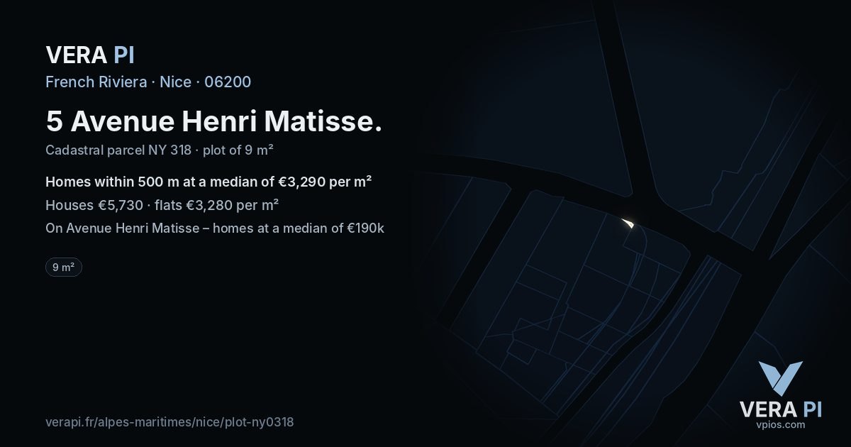 5 Avenue Henri Matisse, Nice at night – the plot lit, the parcels around coloured by the prices near them