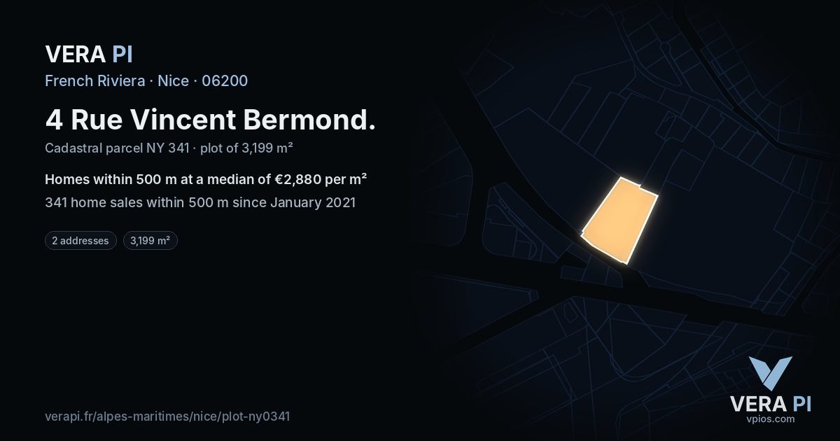 4 Rue Vincent Bermond, Nice at night – the plot lit, the parcels around coloured by the prices near them