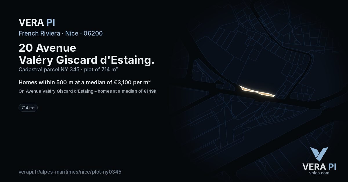 20 Avenue Valéry Giscard d'Estaing, Nice at night – the plot lit, the parcels around coloured by the prices near them