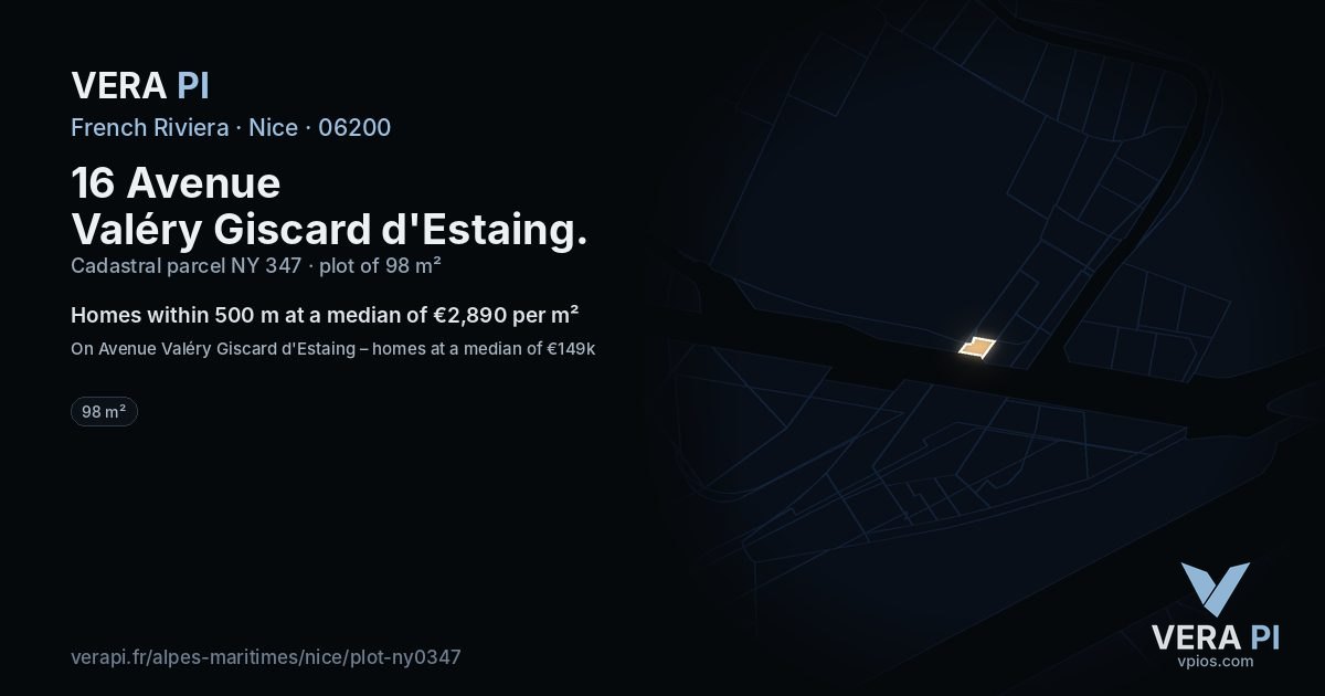 16 Avenue Valéry Giscard d'Estaing, Nice at night – the plot lit, the parcels around coloured by the prices near them