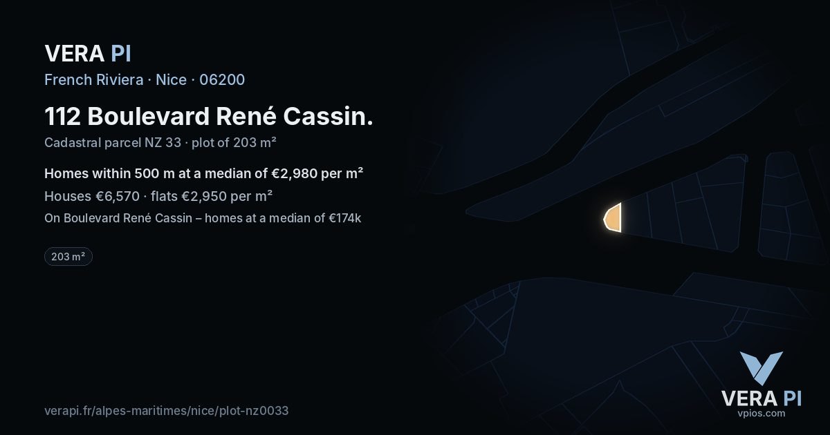 112 Boulevard René Cassin, Nice at night – the plot lit, the parcels around coloured by the prices near them