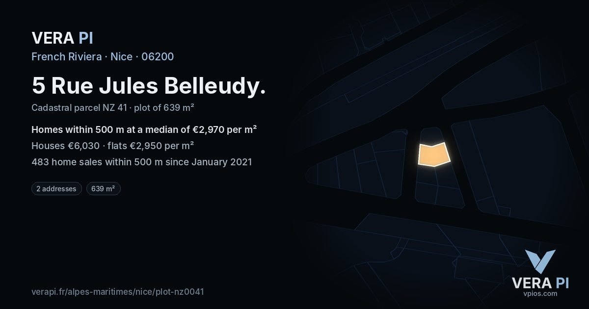 5 Rue Jules Belleudy, Nice at night – the plot lit, the parcels around coloured by the prices near them