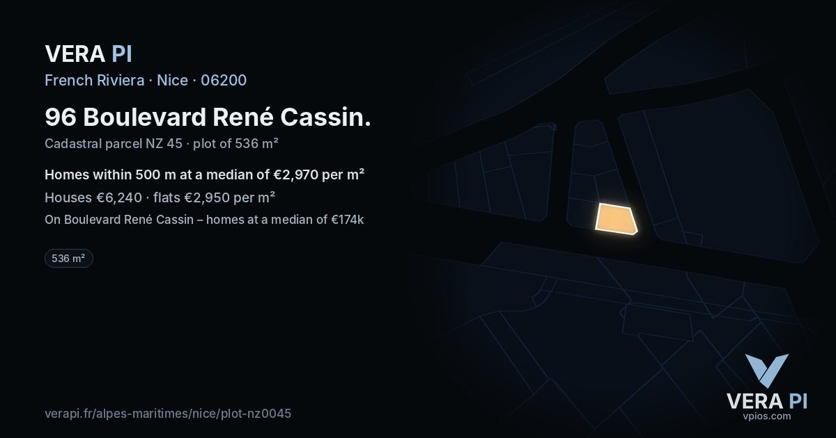 96 Boulevard René Cassin, Nice at night – the plot lit, the parcels around coloured by the prices near them