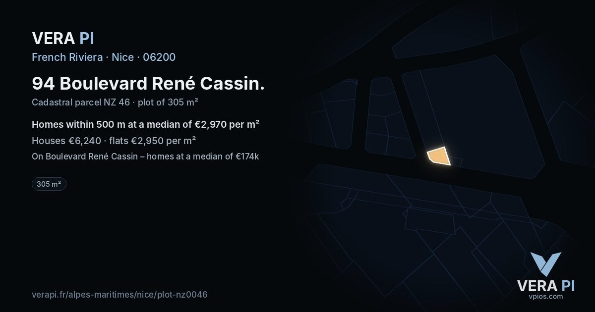 94 Boulevard René Cassin, Nice at night – the plot lit, the parcels around coloured by the prices near them
