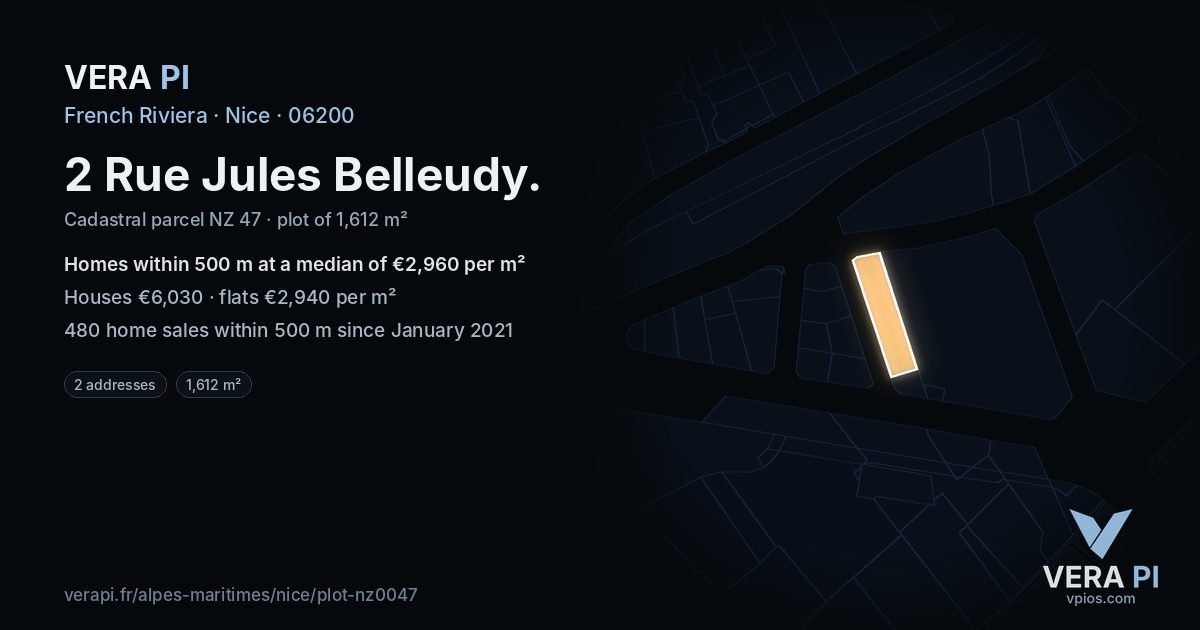 2 Rue Jules Belleudy, Nice at night – the plot lit, the parcels around coloured by the prices near them