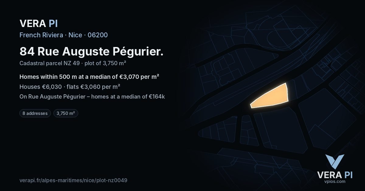 84 Rue Auguste Pégurier, Nice at night – the plot lit, the parcels around coloured by the prices near them