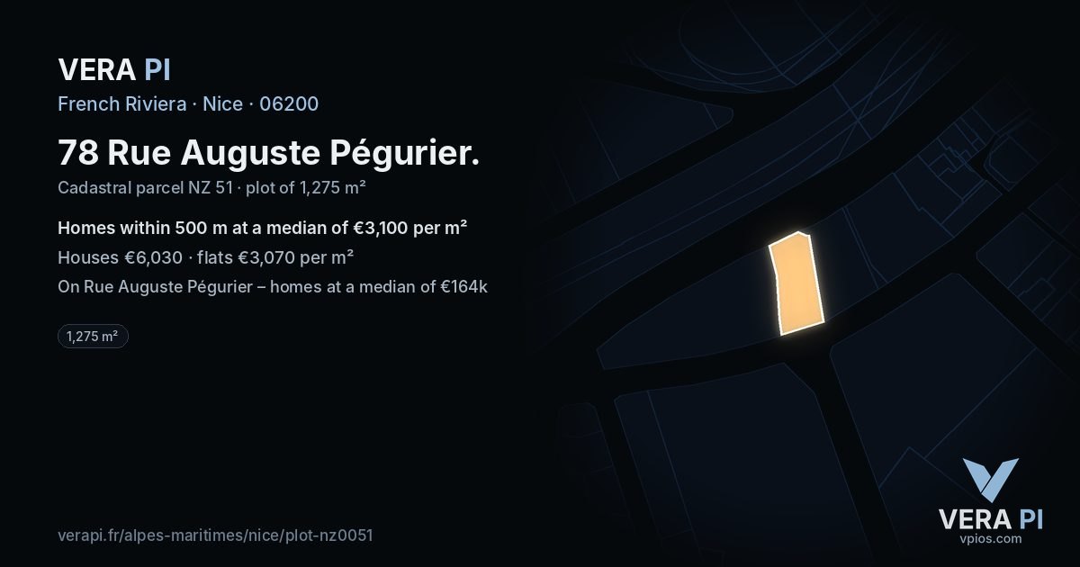 78 Rue Auguste Pégurier, Nice at night – the plot lit, the parcels around coloured by the prices near them