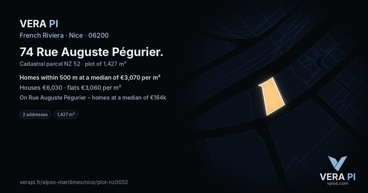74 Rue Auguste Pégurier, Nice at night – the plot lit, the parcels around coloured by the prices near them