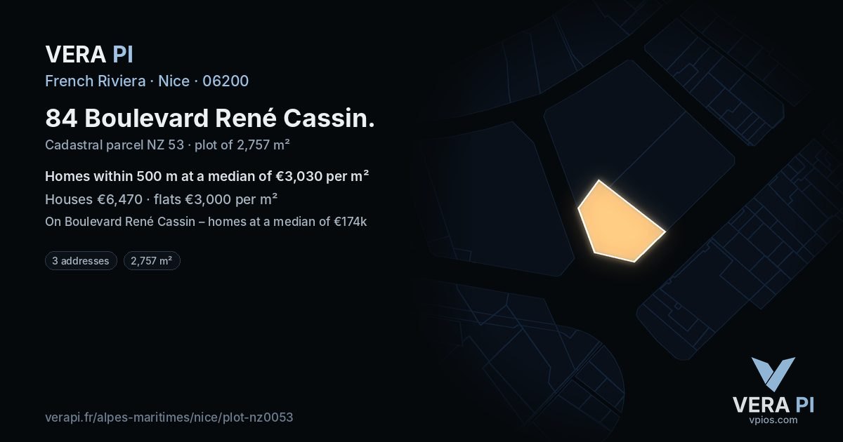 84 Boulevard René Cassin, Nice at night – the plot lit, the parcels around coloured by the prices near them